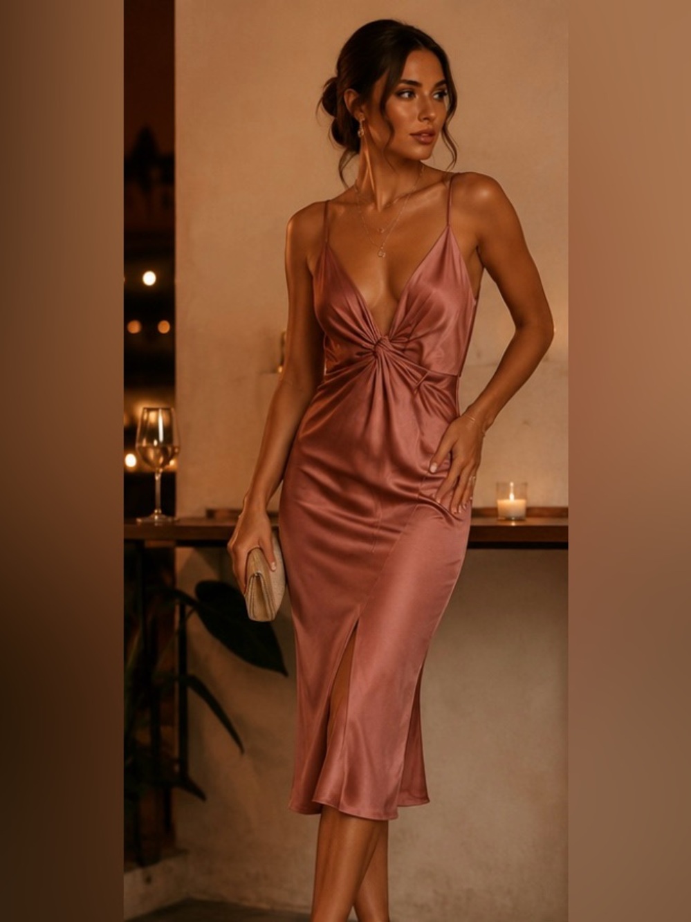 NWT Silky Dusty Rose Twist-Knot Slip Dress